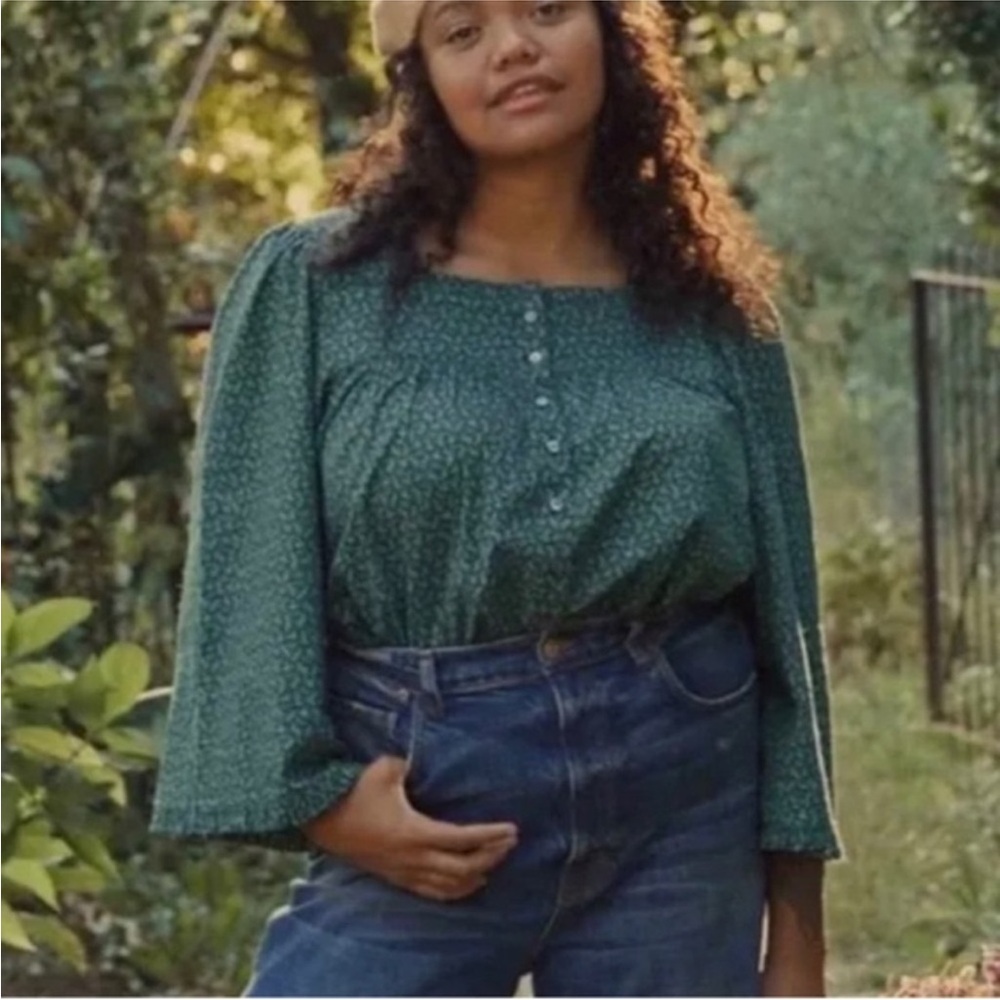 Doen Green Floral Square-Neck Peasant Blouse
